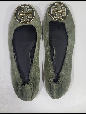 Tory Burch Olive Green Suede Logo Ballet Flats